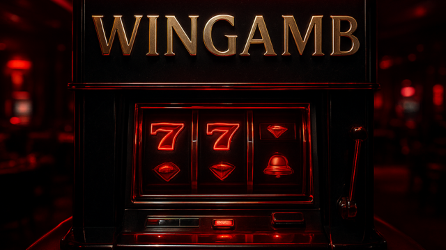 Wingamb luxury slot machine scene with illuminated metallic logo in a red and black casino