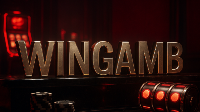 Wingamb metallic lettering illuminated in a luxury casino with slot machine and freespin ambience