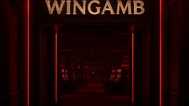 Premium casino entrance with Wingamb illuminated at the center in deep red and black tones