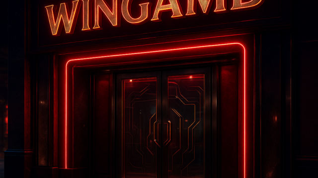 Wingamb Android uygulaması için lüks bir casino girişi ve merkezde WINGAMB yazısı