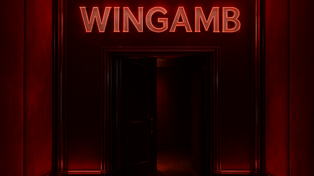 Wingamb gizli üyelik için lüks bir casino koridorunda merkezi WINGAMB yazısı ve gizli giriş