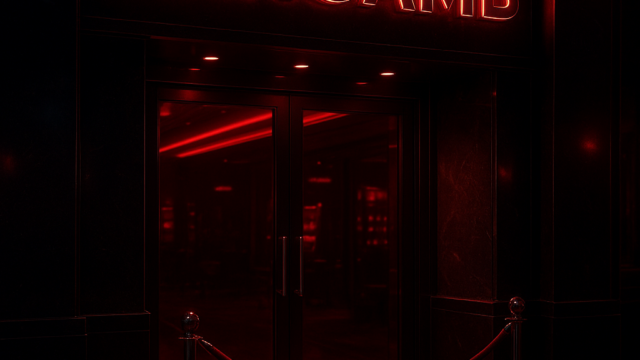 Lüks bir casino girişinde merkezde WINGAMB yazısı, siyah ve kırmızı renklerle, üyelik işlemlerini simgeliyor.