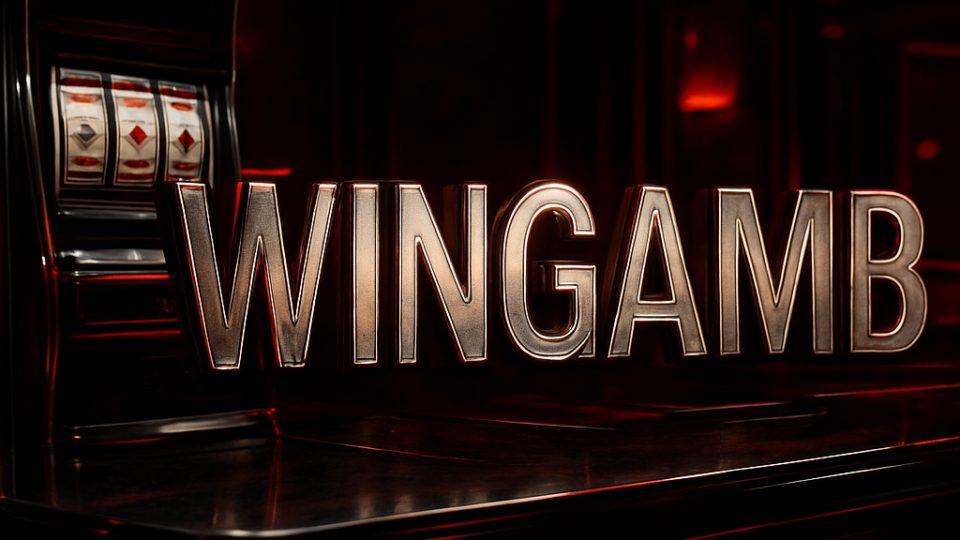 Lüks bir casinoda Wingamb yeni slot oyunları temalı, ortada WINGAMB yazısı ile gerçekçi görsel