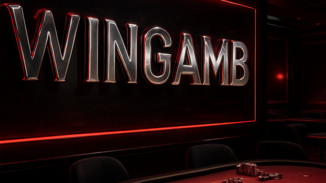 Lüks bir casinoda WINGAMB yazısı merkezde, siyah ve kırmızı tonlarda premium bir ortam