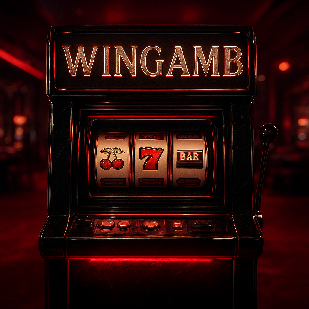 Wingamb luxury slot machine scene with illuminated metallic logo in a red and black casino - hero