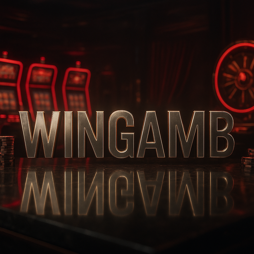 Wingamb metallic lettering illuminated in a luxury casino with slot machine and freespin ambience - hero