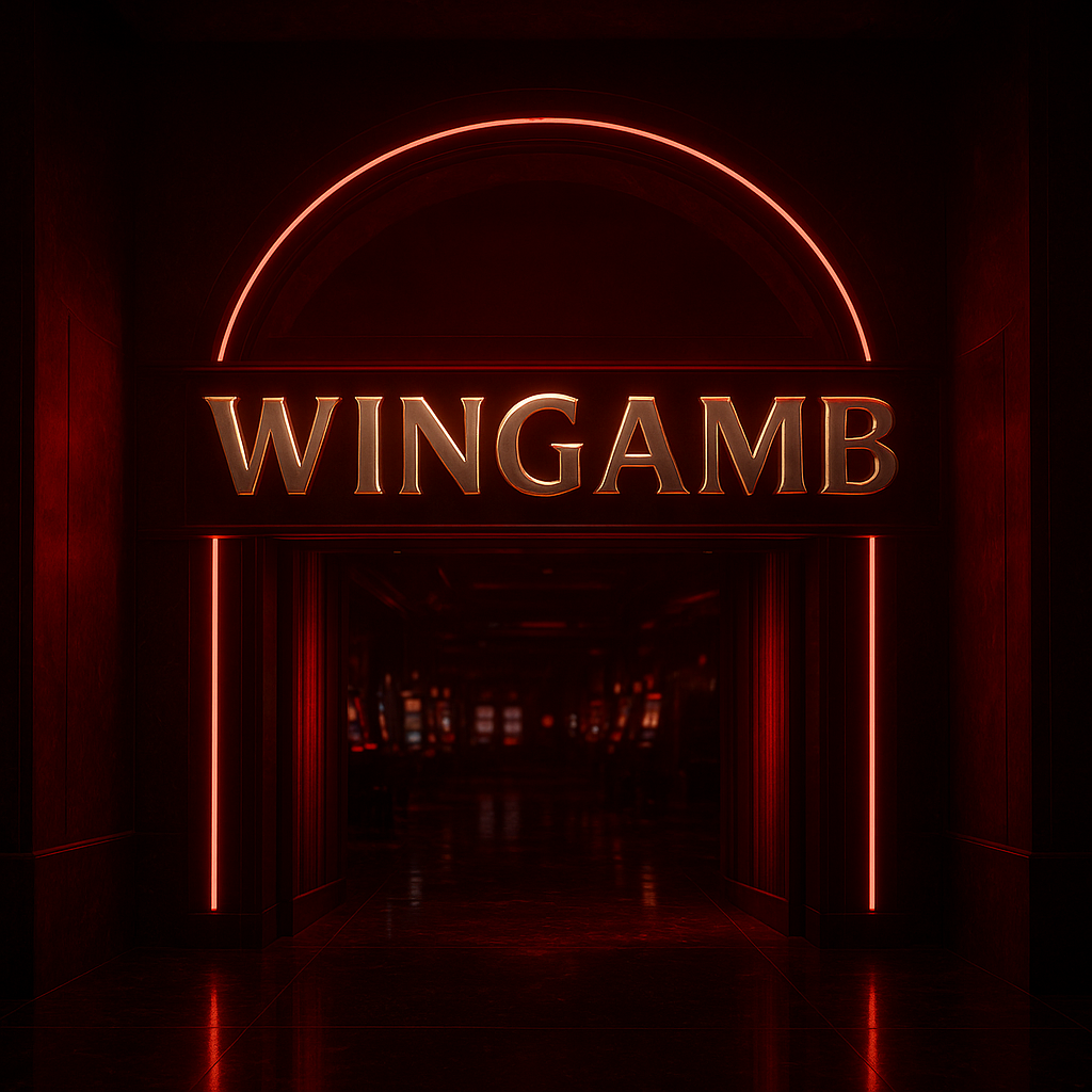 Premium casino entrance with Wingamb illuminated at the center in deep red and black tones - hero