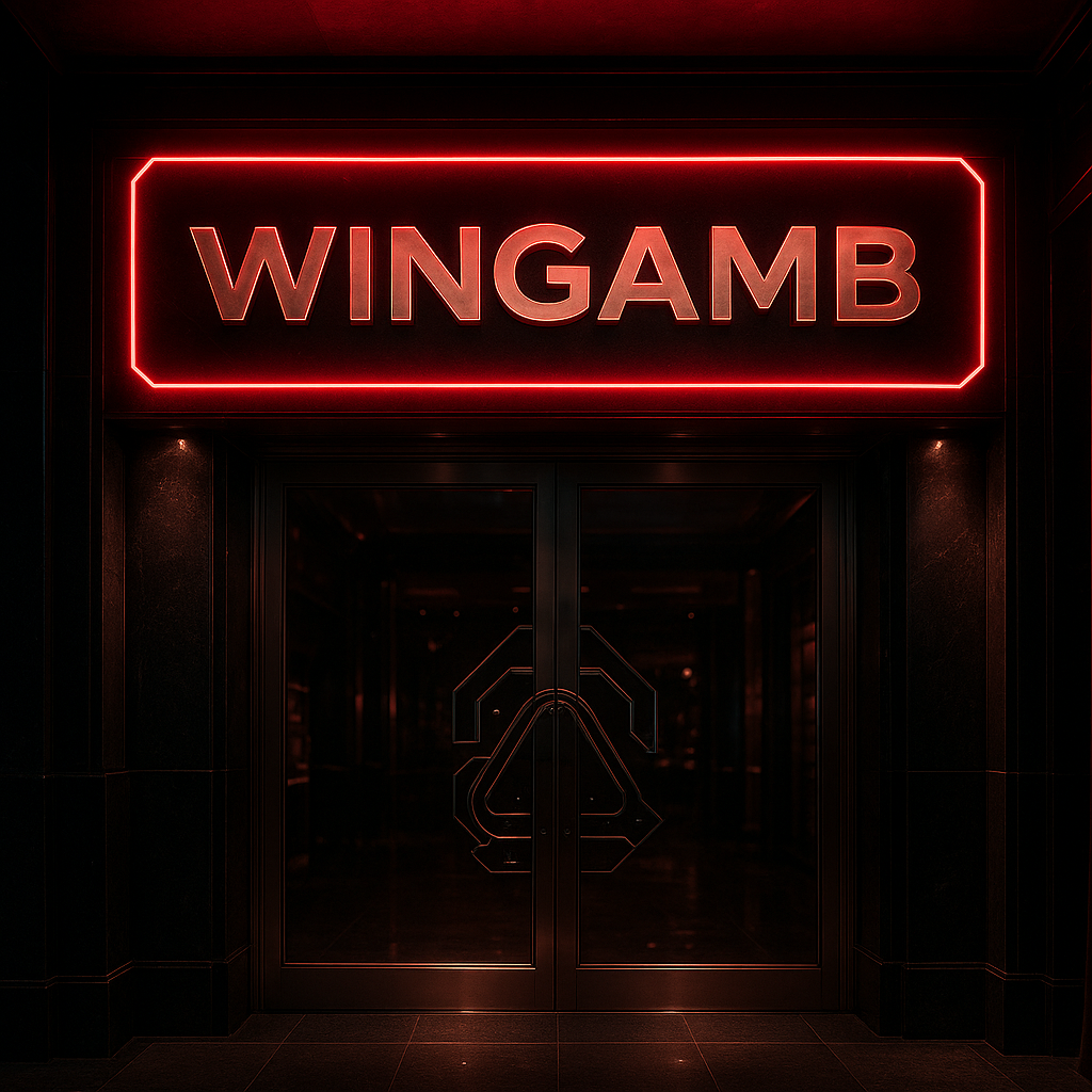 Wingamb Android uygulaması için lüks bir casino girişi ve merkezde WINGAMB yazısı - hero