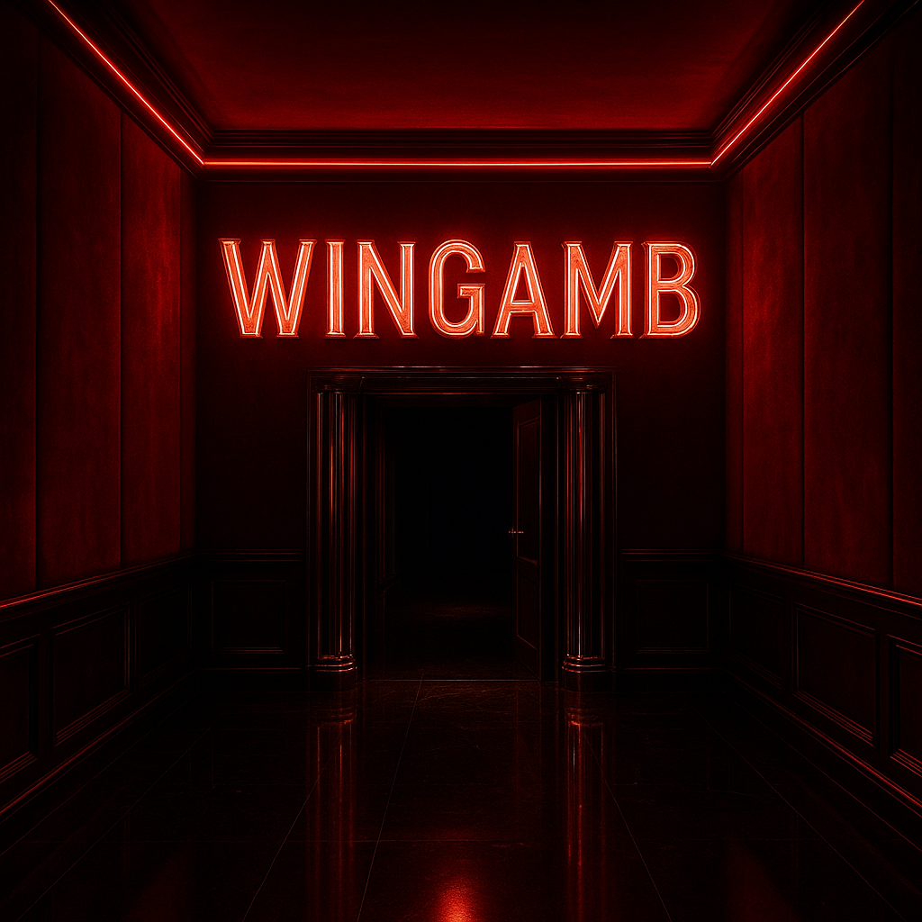 Wingamb gizli üyelik için lüks bir casino koridorunda merkezi WINGAMB yazısı ve gizli giriş - hero