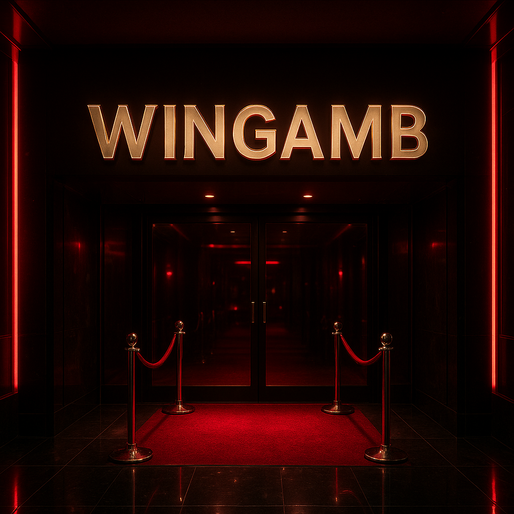 Lüks bir casino girişinde ortada büyük WINGAMB yazısı ve kırmızı neon aydınlatmalar - hero