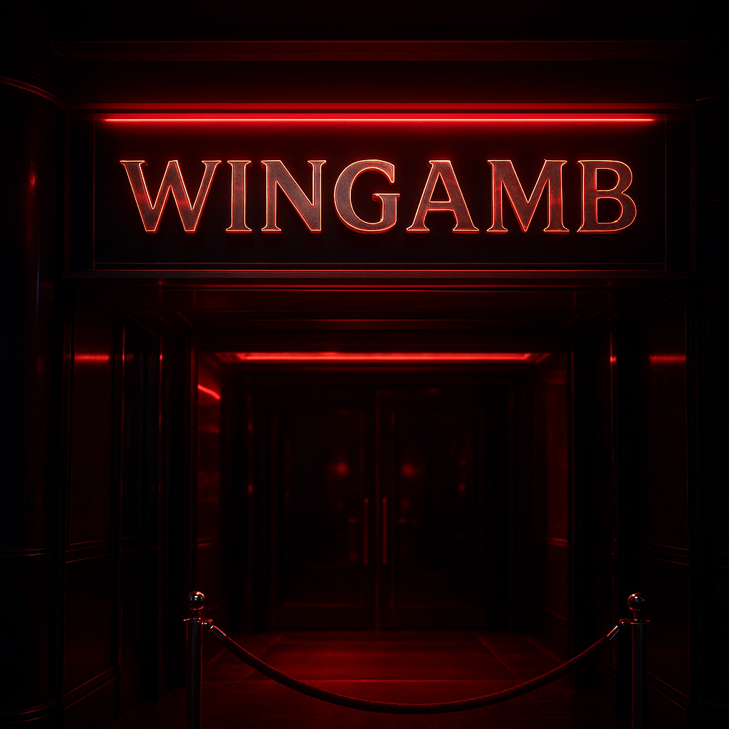 Lüks bir casino girişinde merkezde WINGAMB yazısı, siyah ve kırmızı renklerle, üyelik işlemlerini simgeliyor. - hero